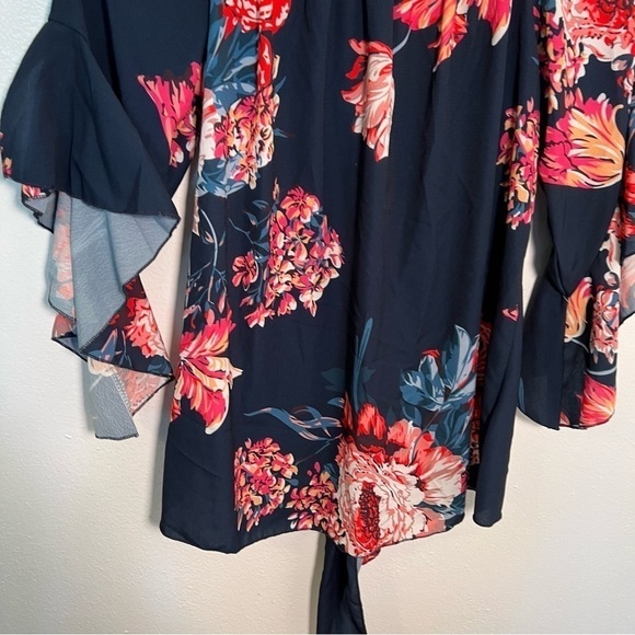 Off Shoulder Blouse Blue Red Floral Tie Front - Picture 12 of 13
